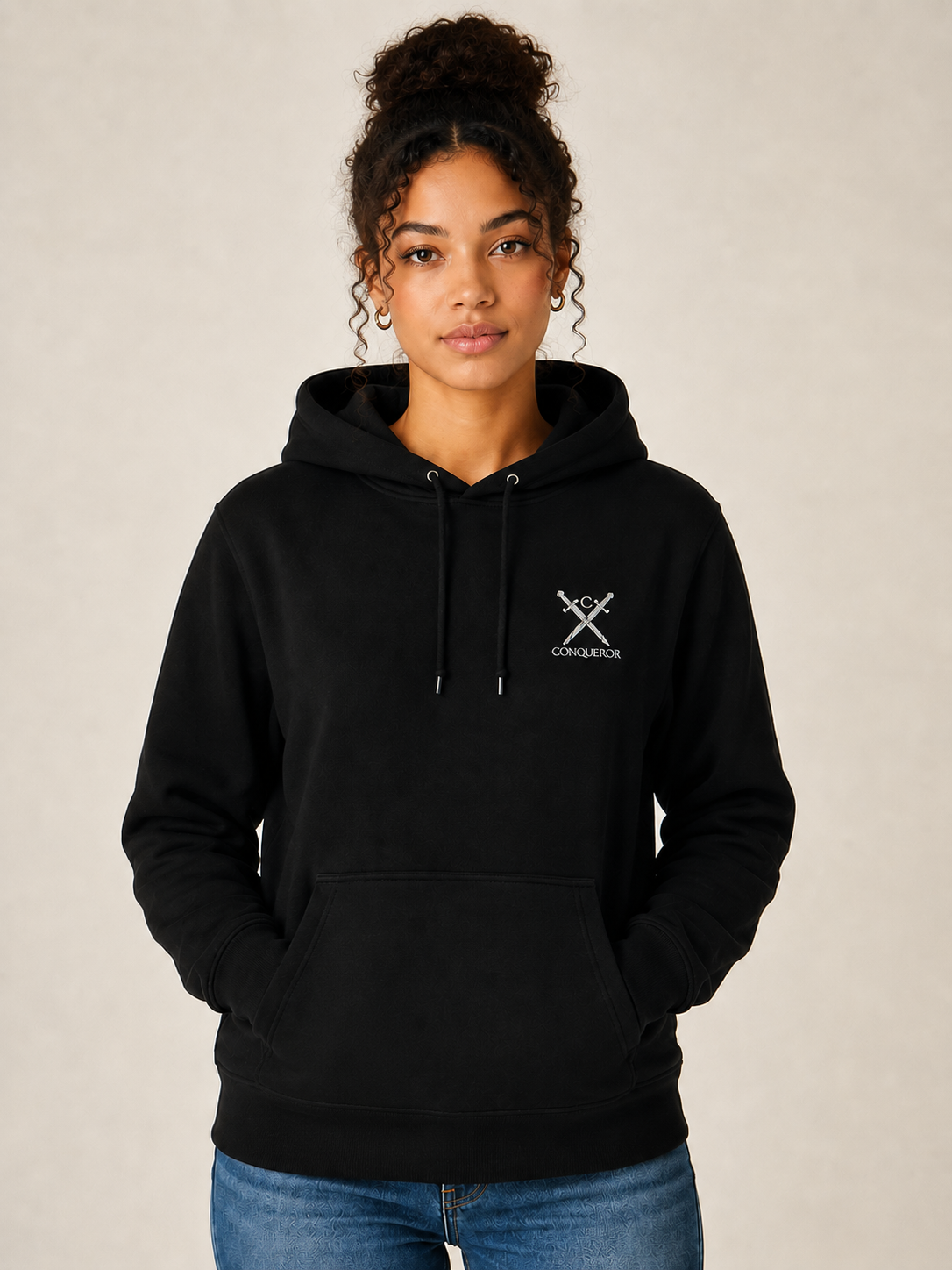 Black Conqueror Hoodie – Minimal Embroidered Logo