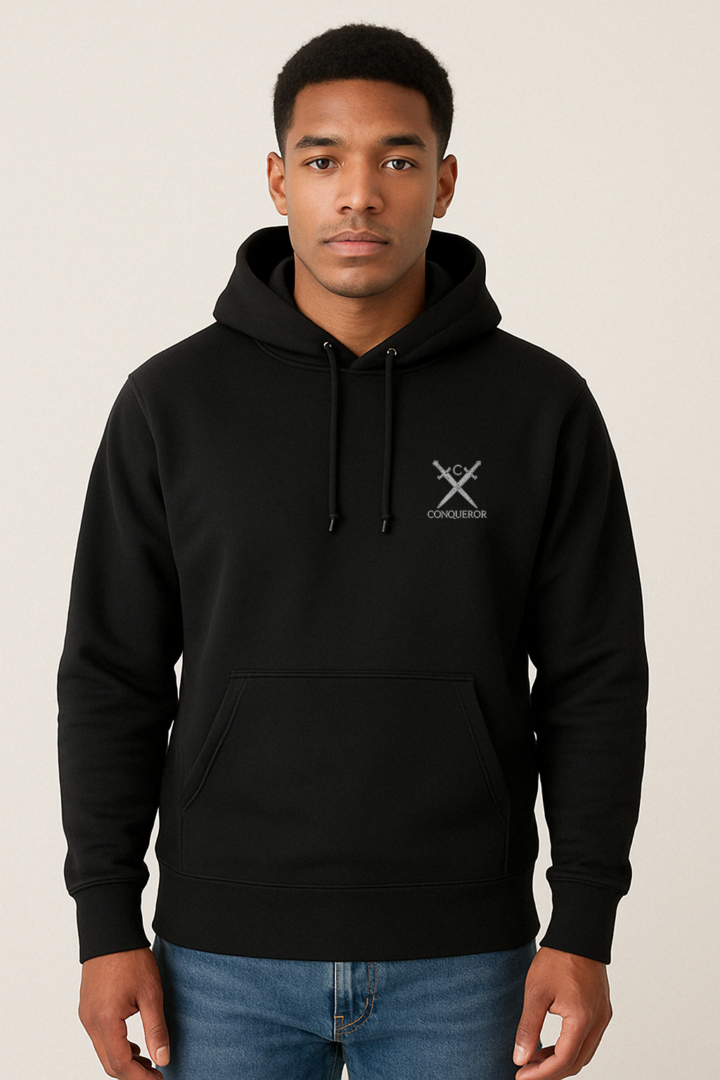 Black Conqueror Hoodie – Minimal Embroidered Logo